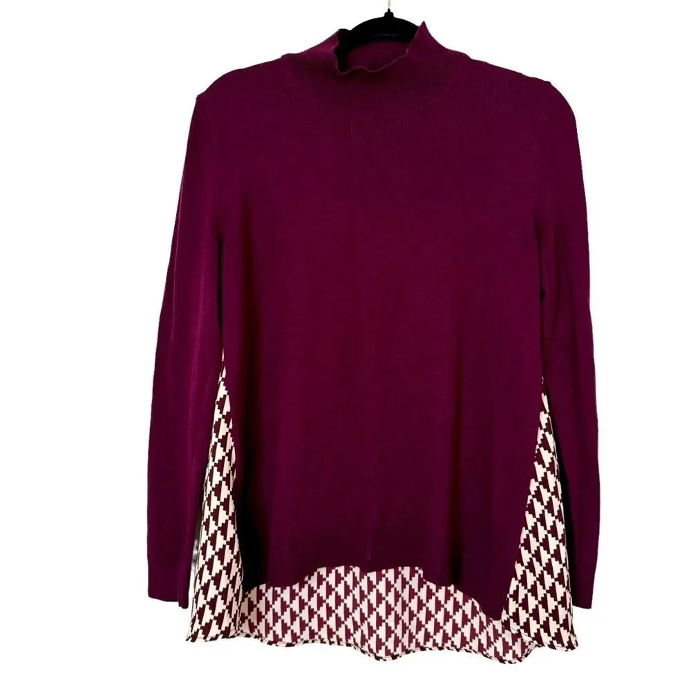 Ann Taylor Women's Small Geo Back Mixed Media Sweater plum burgundy color